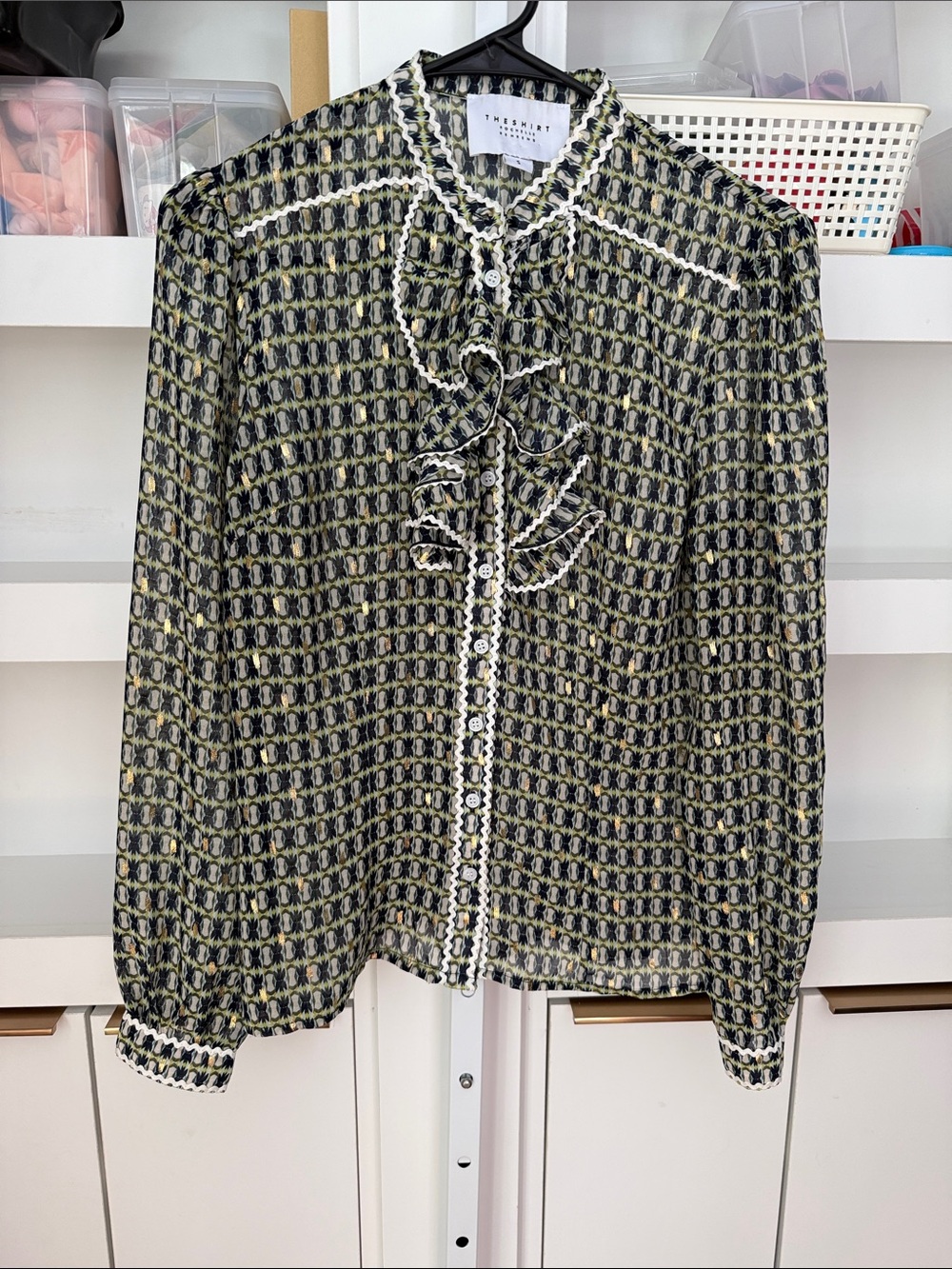The Shirt Rochelle Behrens Shiv Ruffled Button Up Shirt Small Green Gold Black